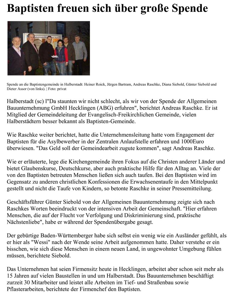 Firma unterstützt Gemeindearbeit mit und für Flüchtlinge in Halberstadt 